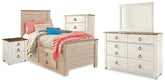 Willowton Twin Bed with Storage, Dresser, Mirror, Chest and Nightstand